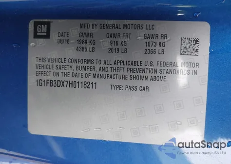 2017 Chevrolet Camaro 1Lt from USA, damaged, VIN 1G1FB3DX7H0118211